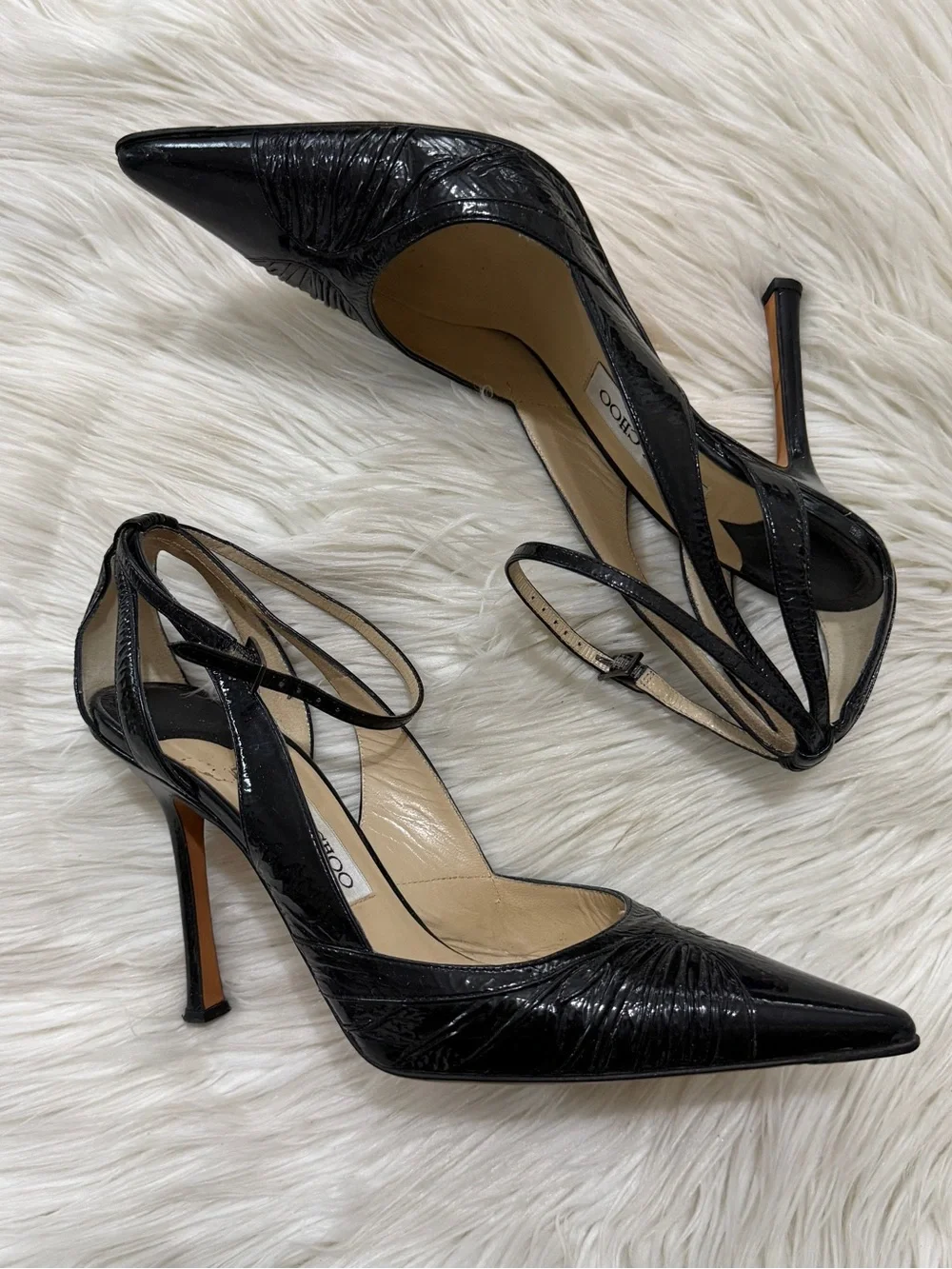 Jimmy Choo Black Patent Pointed Toe Strap Pumps
